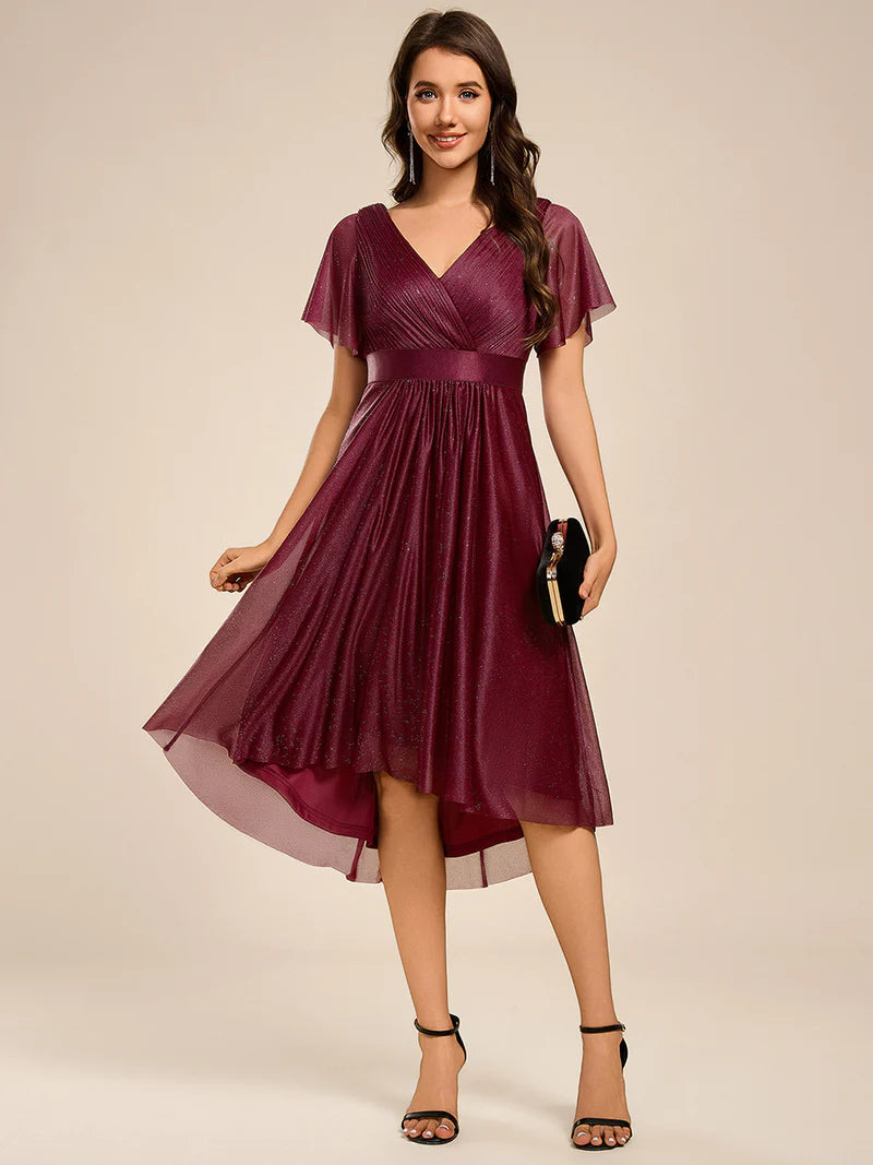 Elegant burgundy wedding guest dress with feminine ruffle sleeves